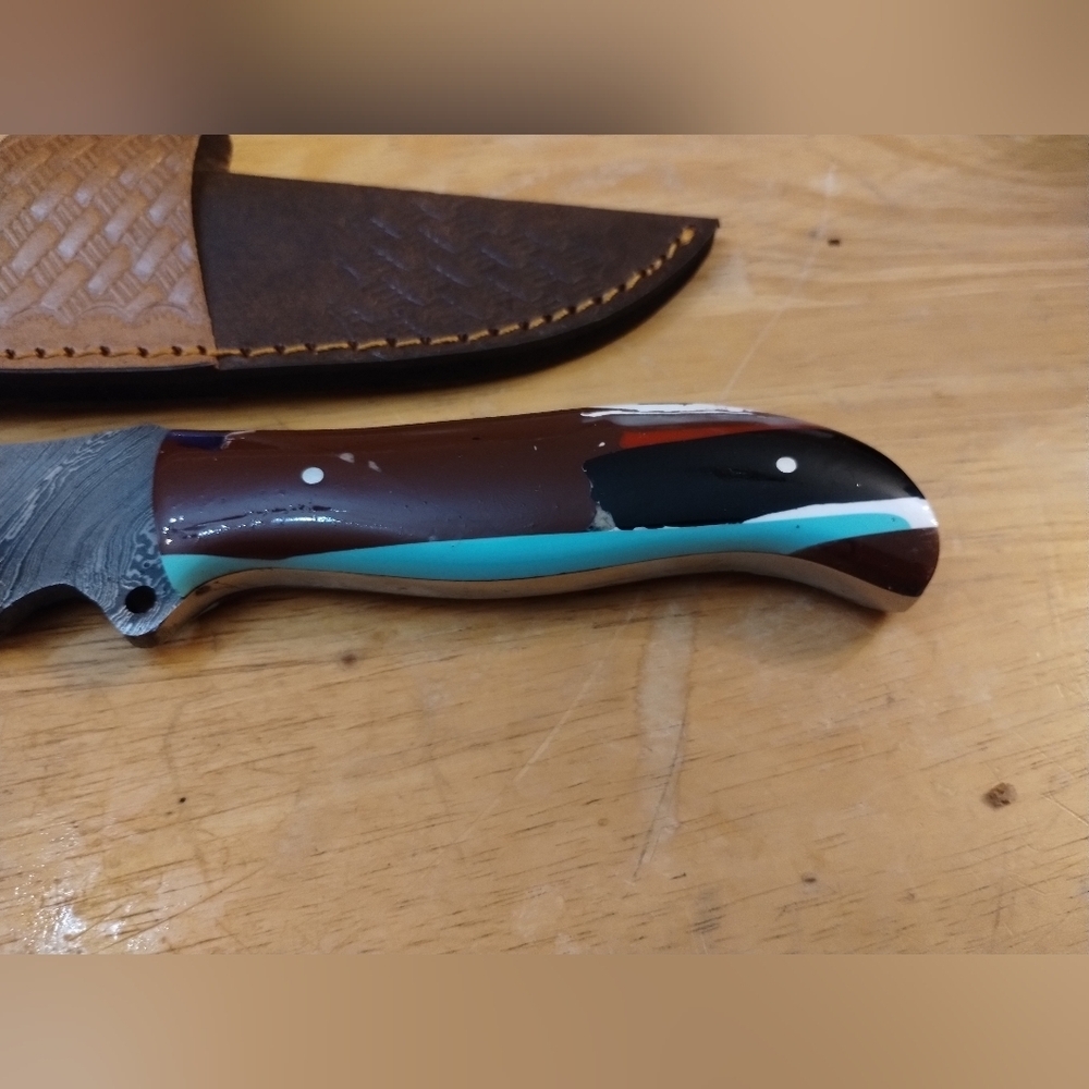 New Mens Damascus Steel Blade Knife with Leather Sheath - Picture 3 of 9